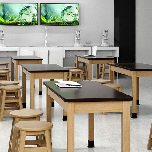Table de travail contemporaine - STEM - Allied - en HPL / en bois de feuillus / avec piètement en bois de feuillus