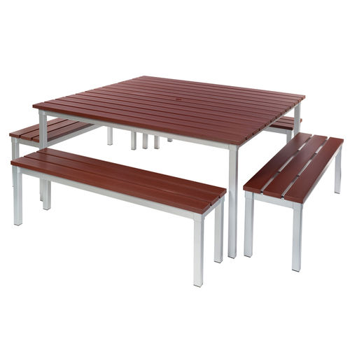 Ensemble table et bancs contemporain - ENVIRO - GOPAK - en aluminium / en composite bois / de jardin