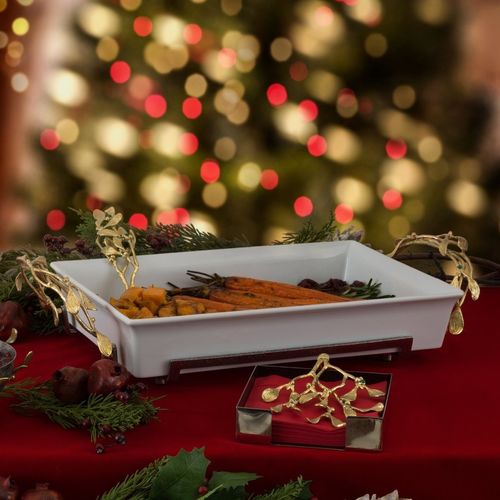 Assiette de service - MISTLETOE  - Michael Aram - rectangulaire / en porcelaine / en laiton