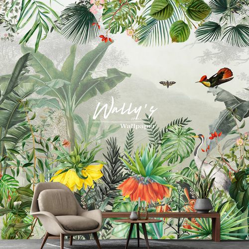 Papier peint contemporain - TROPICAL GARDEN - Wally's - à motif nature / gris / vert