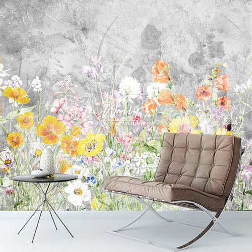 Papier peint contemporain - EROTIC  - Wally's - à motif floral / gris / blanc