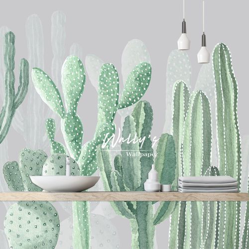 Papier peint contemporain - CACTUS - Wally's - à motif nature / gris / vert
