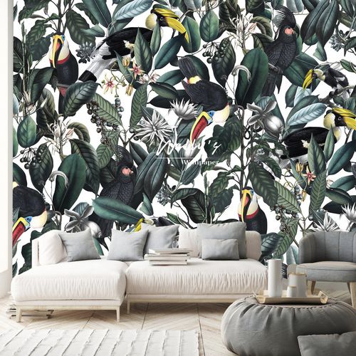 Papier peint contemporain - NEO BIRDS  - Wally's - à motif nature / vert / pour salle de séjour