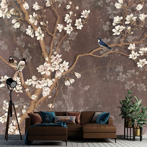 Papier peint contemporain - BLOSSOMY  - Wally's - à motif floral / chinoiserie / blanc