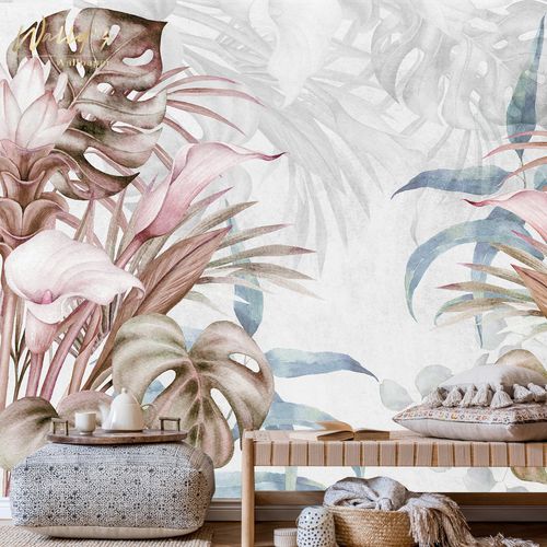Papier peint contemporain - CURCUM TROPICAL  - Wally's - à motif / gris / bleu