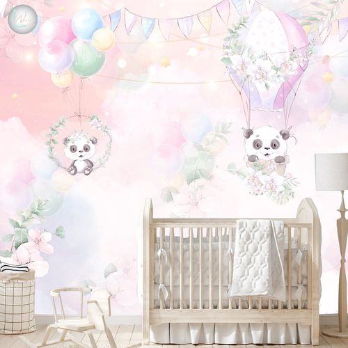 Papier peint contemporain - CUTE PANDA - Wally's - motif pour enfant / bleu ciel / couleur