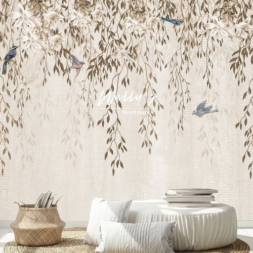 Papier peint contemporain - FLORASION BIRDS  - Wally's - chinoiserie / gris / vert