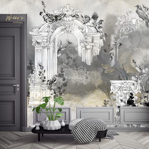 Papier peint contemporain - GOTHIC BIRD  - Wally's - à motif / gris / pour salle de séjour