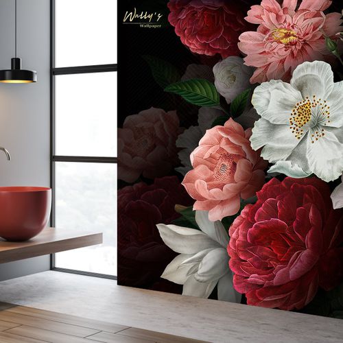 Papier peint contemporain - GRACE  - Wally's - à motif floral / blanc / noir