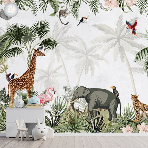 Papier peint contemporain - JUNGLE TROPICAL  - Wally's - à motif animalier / gris / vert