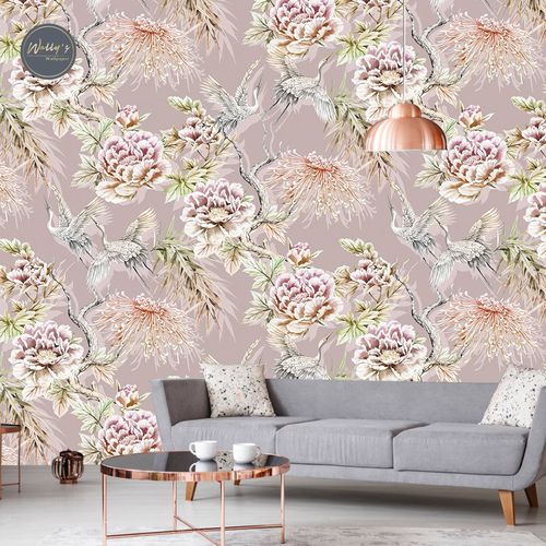 Papier peint contemporain - KIMONO LUXE  - Wally's - à motif floral / chinoiserie / gris