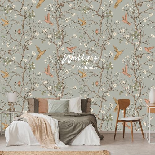 Papier peint contemporain - LITTLE FLORAL AND BIRDS  - Wally's - à motif floral / chinoiserie / gris