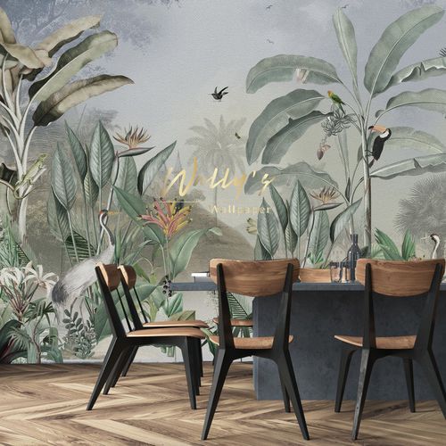 Papier peint contemporain - RAIN FOREST JUNGLE  - Wally's - à motif nature / gris / vert