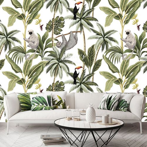 Papier peint contemporain - TROPICAL ANIMALS  - Wally's - à motif nature / gris / blanc