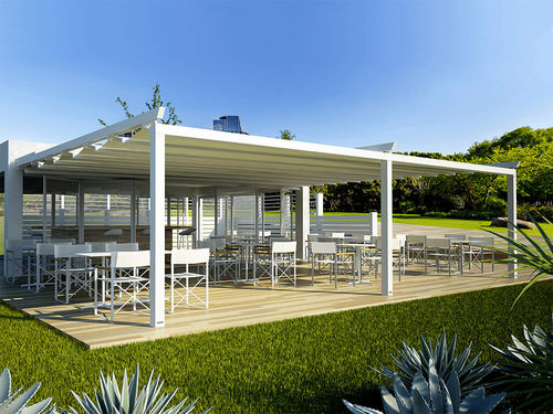 Pergola adossée - Stylex alterna - AMA sun protection industries - en aluminium thermolaqué / couverture coulissante en toile PVC / motorisée