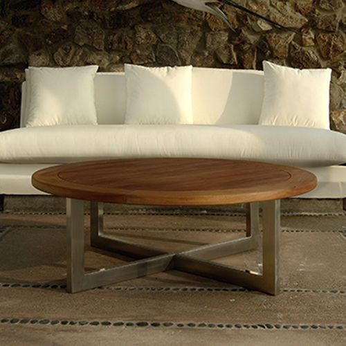 Table basse contemporaine - MAINDECK  - Beltempo USA - en teck / avec piètement en acier inoxydable / ronde