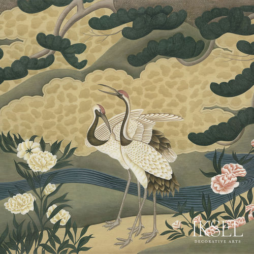 Papier peint contemporain - SC106 Japanese Cranes Original - Iksel Decorative Arts - à motif nature / à motif floral / panoramique