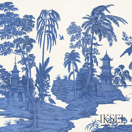 Papier peint chinoiserie - SC134 Exotic Chinoiserie Blue & White - Iksel Decorative Arts - contemporain / en vinyle / à motif floral