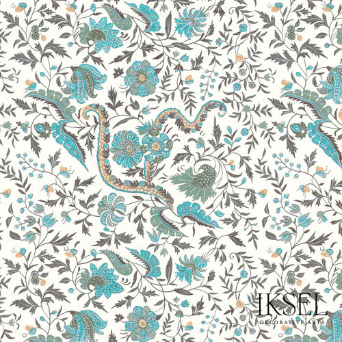 Papier peint contemporain - RW306 Indienne cr53 Turquoise - Iksel Decorative Arts - en fibre de verre / en vinyle / en PVC