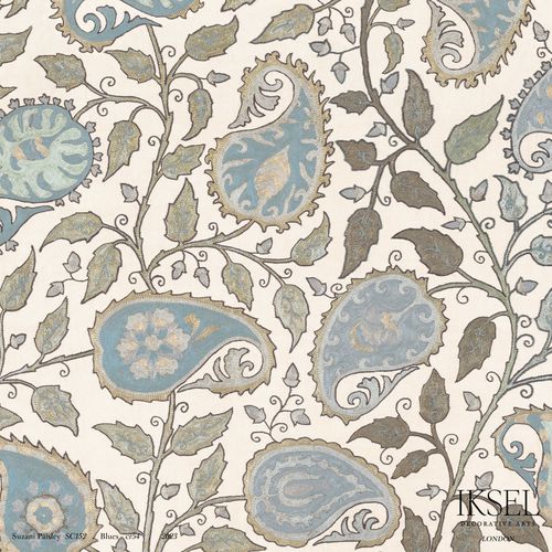 Papier peint contemporain - SC152 Suzani Paisley Blues - Iksel Decorative Arts - en fibre de verre / en vinyle / à motif géométrique