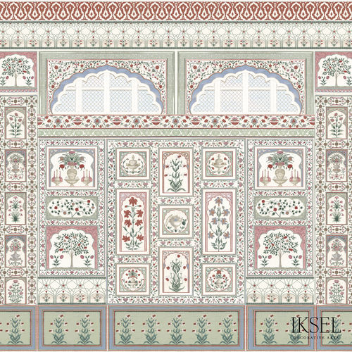 Papier peint contemporain - AR305 Amber cr14 Pink&Green - Iksel Decorative Arts - en fibre de verre / en vinyle / à fleurs