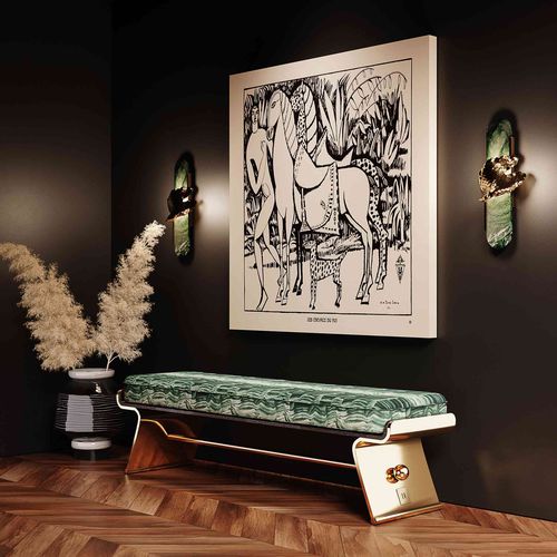 Banc contemporain - MAAK BENCH - Hommés Studio - en noyer / en cuir / en laiton poli