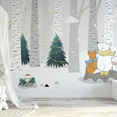 Papier peint contemporain - ours polaire forêt neige - MuralConcept - en textile non-tissé / panoramique / à motif animalier