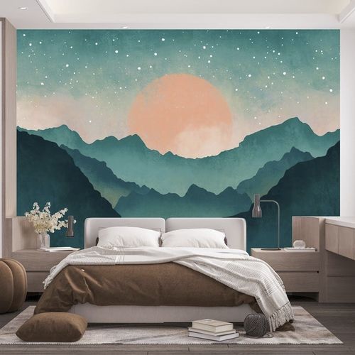Papier peint contemporain - montagne brume turquoise - MuralConcept - en textile non-tissé / panoramique / vert