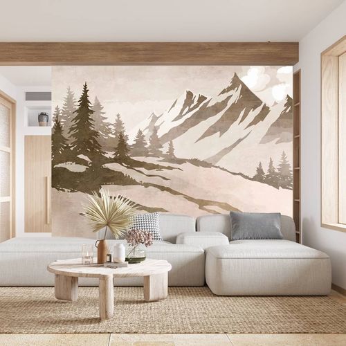 Papier peint vintage - sapin & montagne sépia - MuralConcept - en textile non-tissé / panoramique / brun