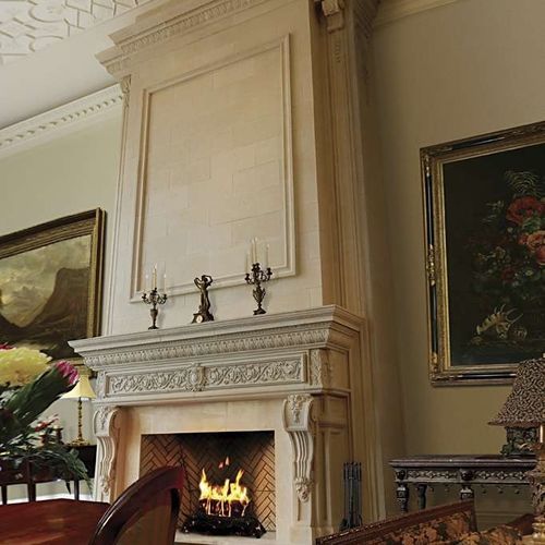 Trumeau de cheminée contemporain - RENAISSANCE – LARGE OVERMANTEL - Tartaruga Design Inc - en pierre / blanc