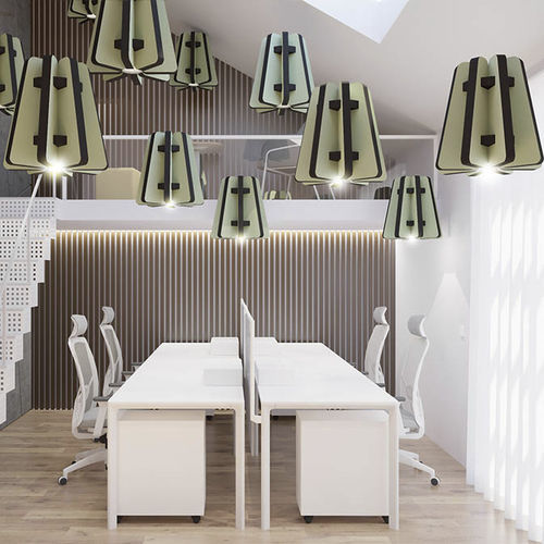 Panneau d'absorption acoustique pour plafond - RADIAL ECOBAFFLE® - Acustico - suspendu / en fibre de polyester / en tissu