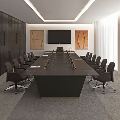 Table de réunion contemporaine - CLINO - Turadi - en placage de bois / en cuir / avec piètement en bois laqué