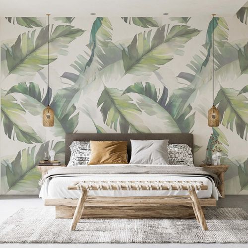 Papier peint design biophilique - FEUILLES TROPICALES AQUARELLE - Kam et Leon - en textile non-tissé / en vinyle / à motif floral