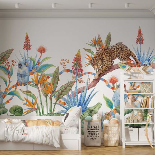 Papier peint design original - JUNGLE FANTAISIE - Kam et Leon - en textile non-tissé / en vinyle / motif animal