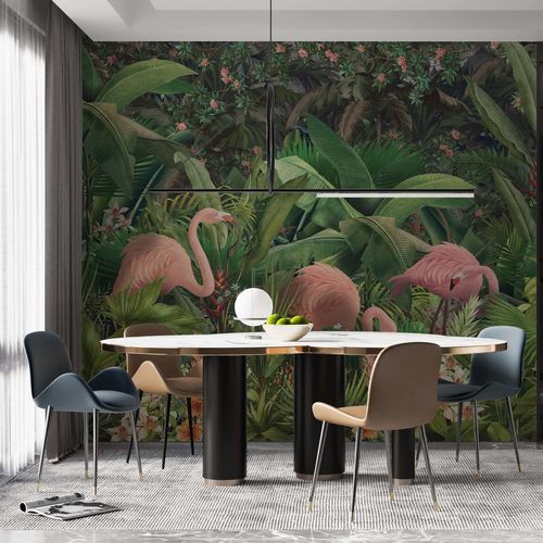 Papier peint en textile non-tissé - FLAMANTS TROPICAUX - Kam et Leon - en polyester / en vinyle / motif animal