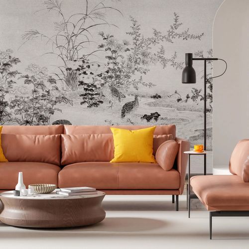 Papier peint oriental - JARDIN AU FIL DE L&rsquo;EAU - Kam et Leon - en textile non-tissé / en vinyle / à motif floral