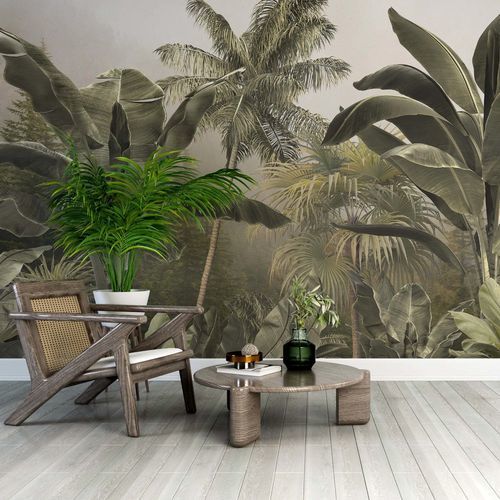 Papier peint contemporain - FOR&Ecirc;T TROPICALE LUXURIANTE - Kam et Leon - en textile non-tissé / en vinyle / à motif floral