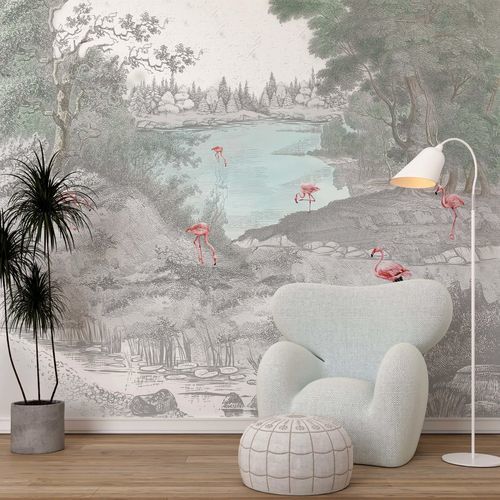 Papier peint contemporain - FLAMANTS EN FOR&Ecirc;T - Kam et Leon - en textile non-tissé / en vinyle / motif animal