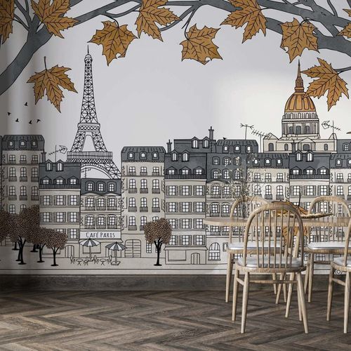 Papier peint contemporain - PARISIEN CHARME D&rsquo;AUTOMNE - Kam et Leon - en textile non-tissé / en vinyle / à motif scène