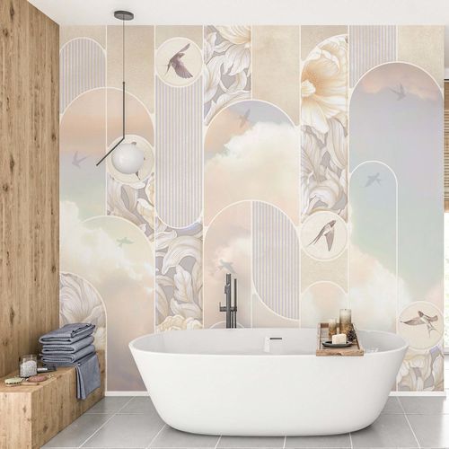 Papier peint contemporain - ENVOL PASTEL - Kam et Leon - en vinyle / en textile non-tissé / à motif floral