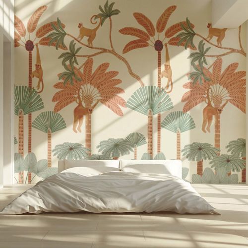 Papier peint design biophilique - PALMIERS TROPICAUX - Kam et Leon - en textile non-tissé / en vinyle / motif animal