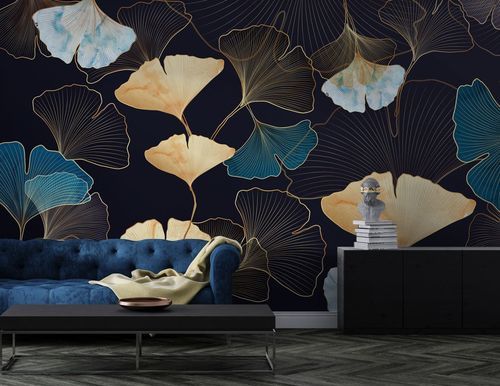 Papier peint contemporain - FEUILLES DE GINKGO DOR&Eacute;ES - Kam et Leon - en textile non-tissé / en vinyle / à motif floral