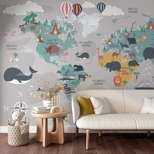 Papier peint contemporain - CARTE DU MONDE - Kam et Leon - en carton / en PVC / motif pour enfant