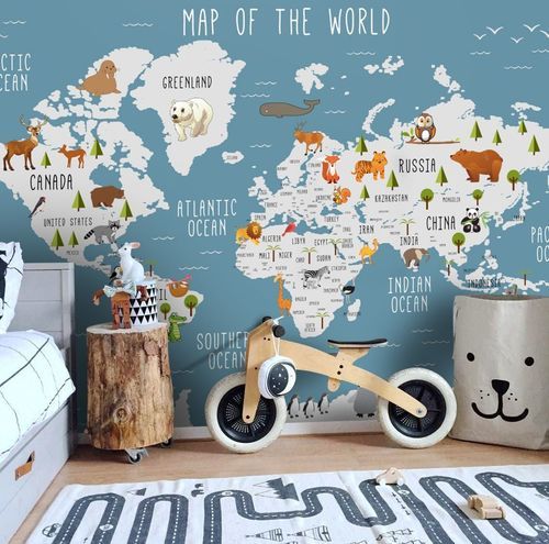 Papier peint contemporain - Kam et Leon - en vinyle / motif pour enfant / carte