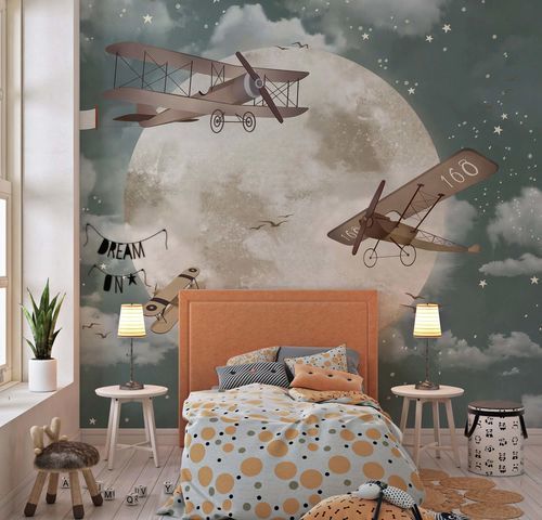 Papier peint contemporain - AVIONS DANS LE CIEL - Kam et Leon - en vinyle / scène / aspect papier peint