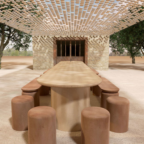 Table contemporaine - VENDEMMIA  - Solid Studio - en béton fibré / avec piètement en béton / ovale