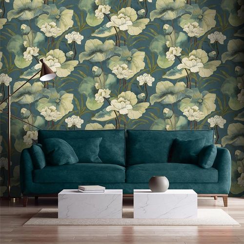 Papier peint contemporain - WATERLILY PETRO - Marston & Langinger - à motif floral / aspect papier peint / bleu