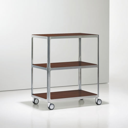 Chariot de service - ZERIN - BERNHARD design - en acier inoxydable poli / en chêne / en noyer