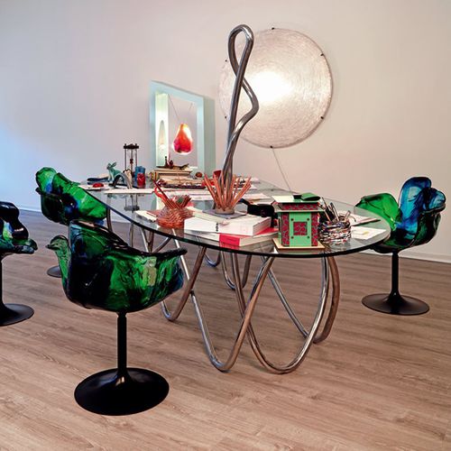Table design original - CAPRICCIO - edra - en verre trempé / avec piètement en acier inoxydable / courbée