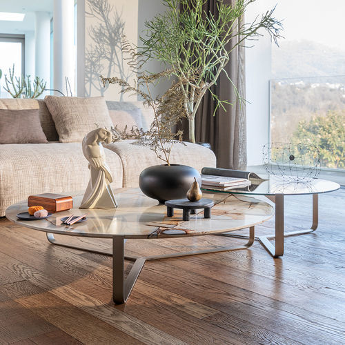 Table basse contemporaine - YARI - Flou - en verre / en marbre / avec piètement en acier